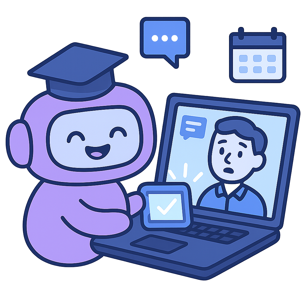 Kampus on a Video Call with University Admin Illustration of Kampus, a purple cartoon chatbot, appearing on a video call with a friendly, abstract university administrator. A laptop, calendar, and chat window are visible in the scene, creating a professional yet approachable academic setting